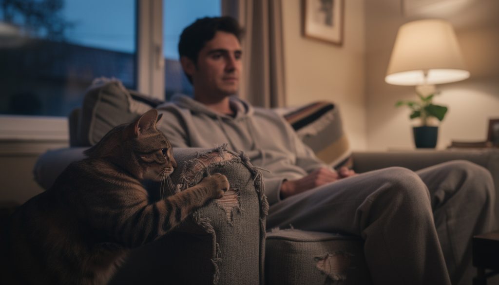 découvrez l'histoire touchante d'un propriétaire qui a compris le véritable message derrière les griffades nocturnes de son chat sur le canapé.